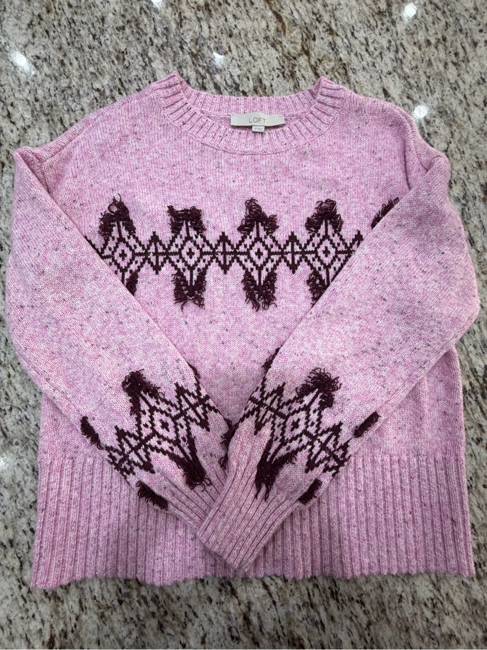 LOFT Pink Crewneck Sweater with Dark Geometric Motif